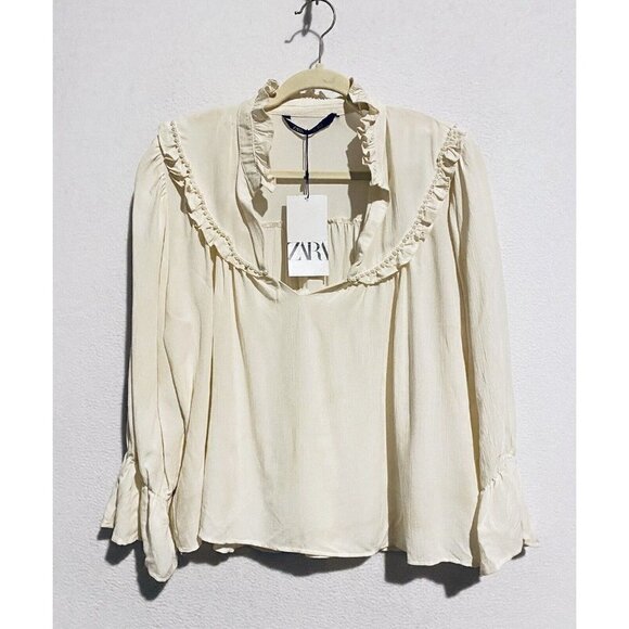 Zara Top Womens L Faux Pearl Trim Ruffle V Neck Ivory Prairie Cottagecore Boho - Picture 2 of 9